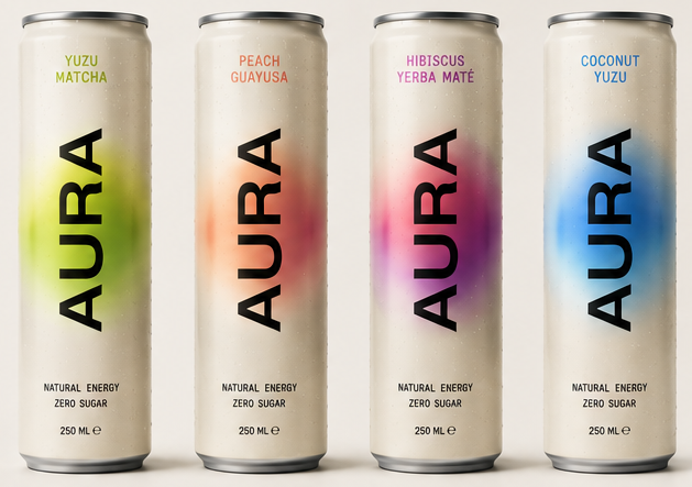 Four cream AURA cans, each surrounded by a different coloured glow