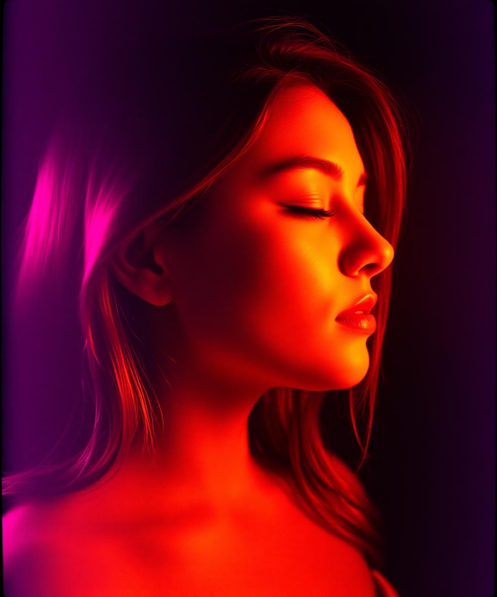 Portrait lit by a warm magenta glow